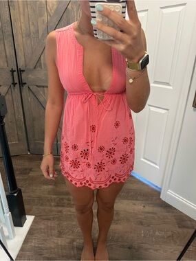 Coral Eyelet Tie-Front Mini Dress